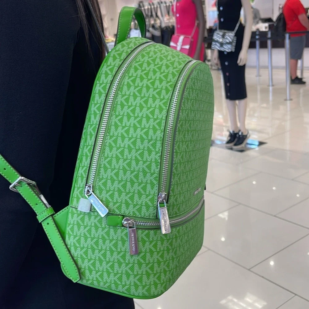 Michael Kors Rhea Medium Signature Logo Backpack Jungle Green  NWT